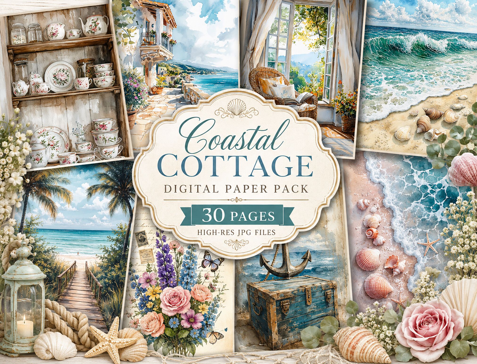Coastal Cottage Watercolor Digital Paper