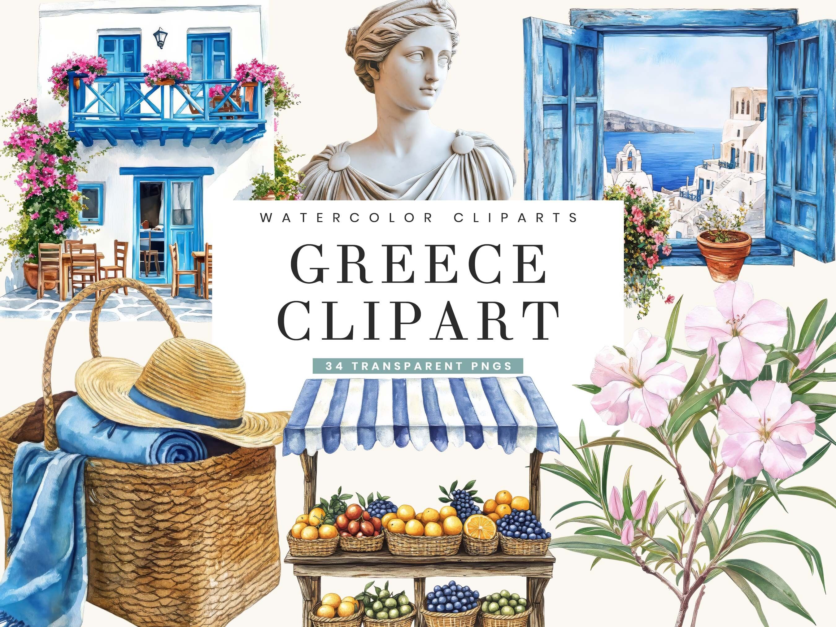 Watercolor Greece Clipart Bundle