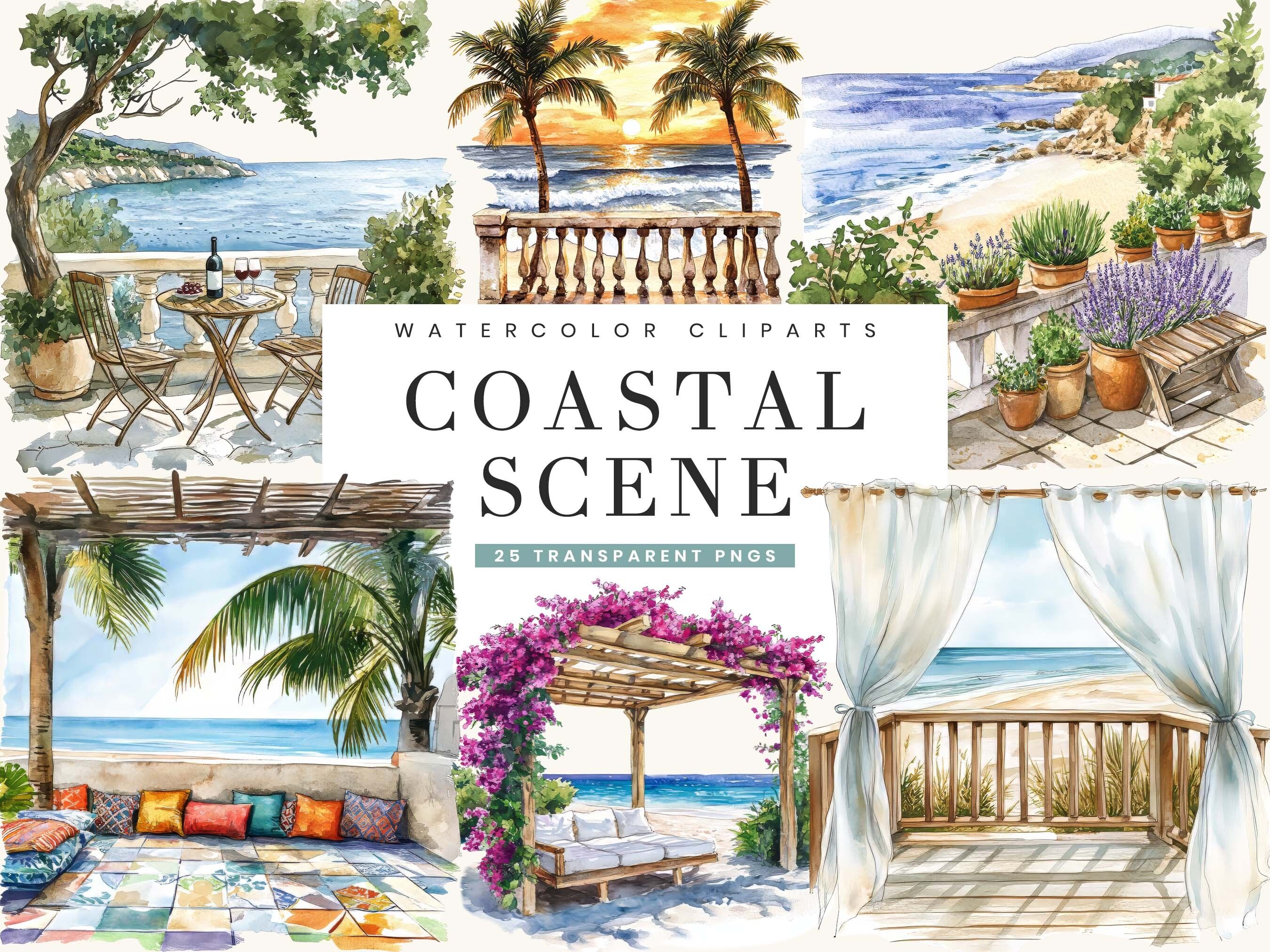 Watercolor Coastal Scene Clipart