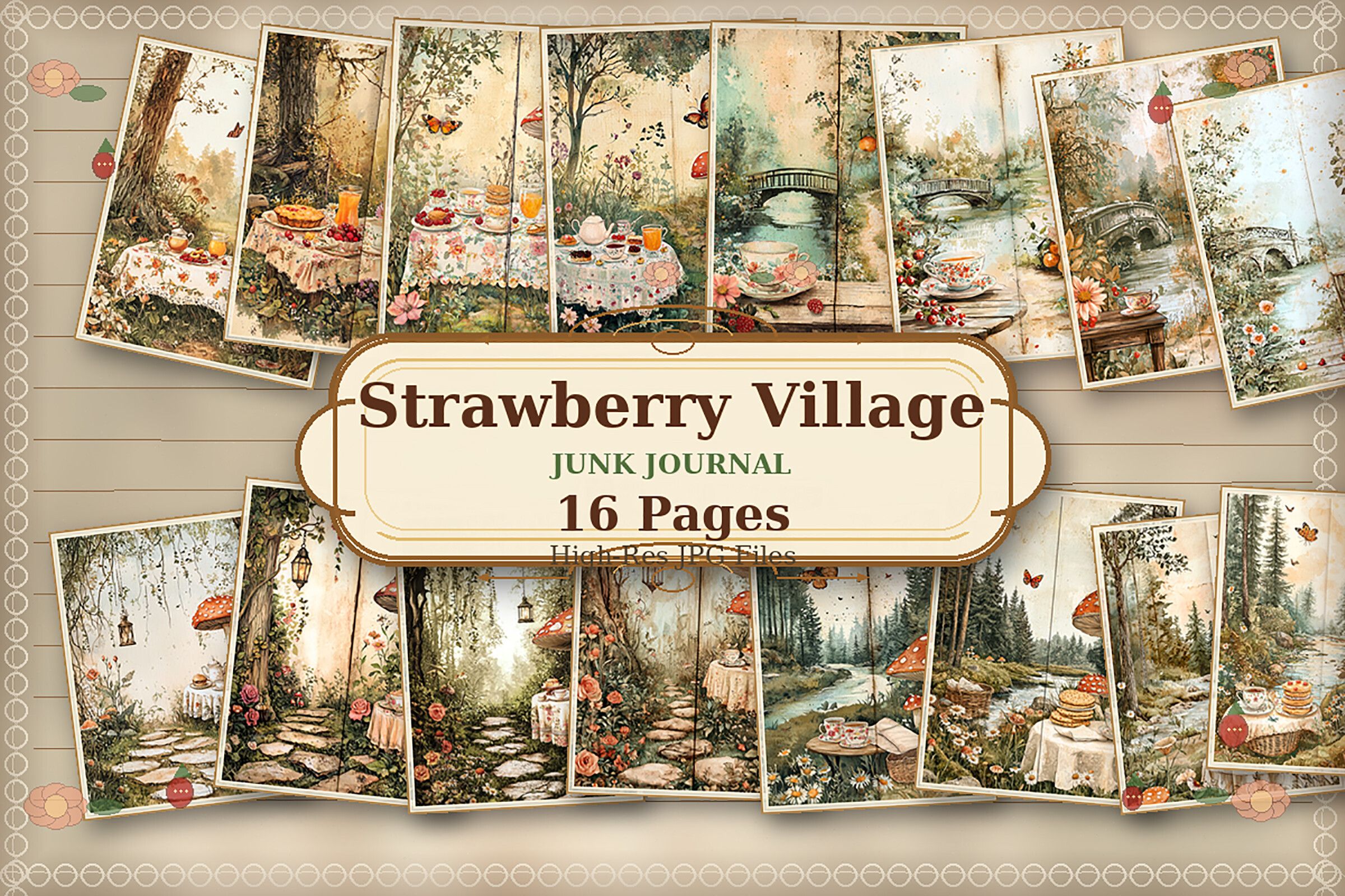 Vintage Mushroom Tea Party Digital Paper