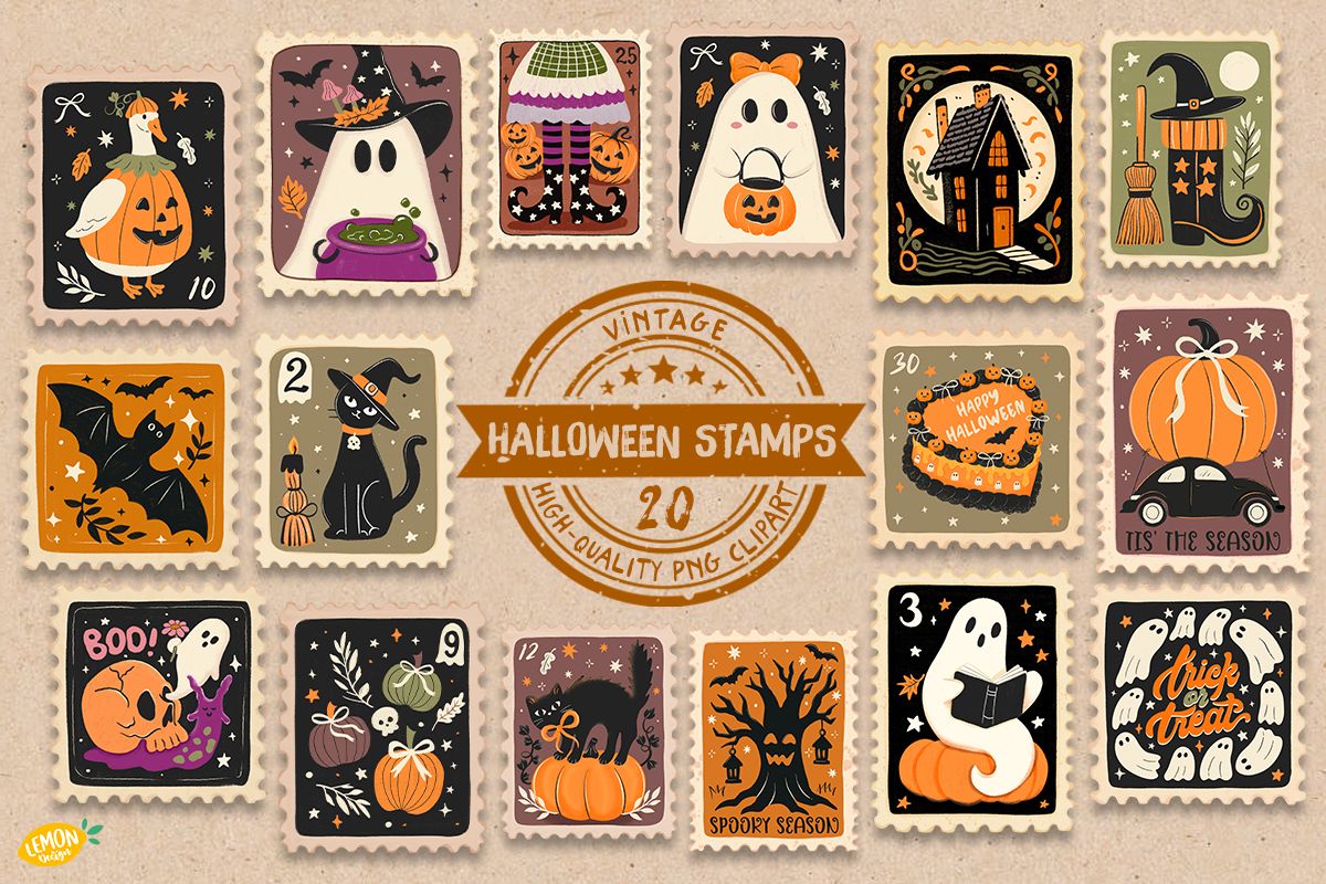 Vintage Halloween Stamps Clipart Bundle