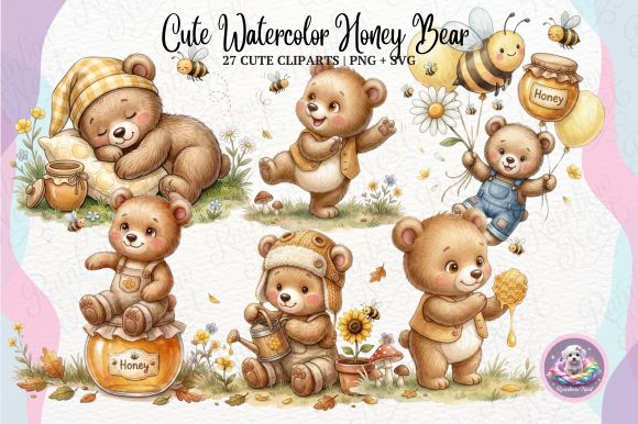 Cute Watercolor Honey Bear Clipart