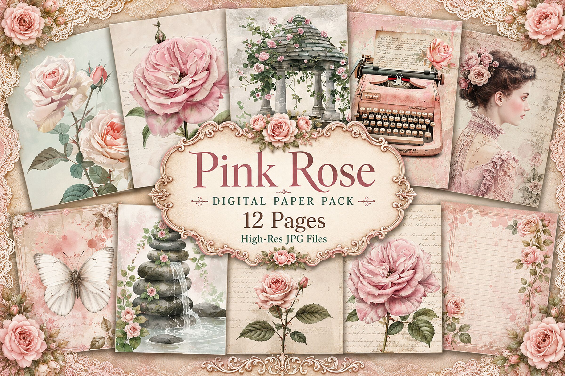 Vintage Pink Rose Junk Journal Paper
